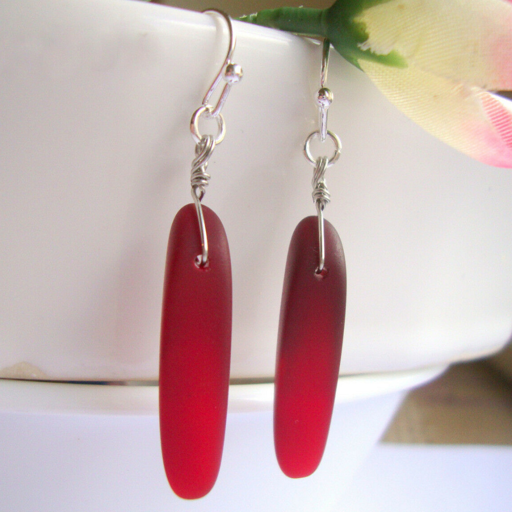 Long Red SEA GLASS Dangle Earrings